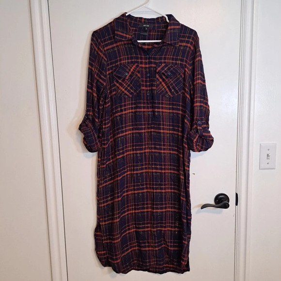Miss Me Navy Red Metallic Plaid Tunic Long Shirt Tie Waist Button Down Size M - Picture 3 of 9